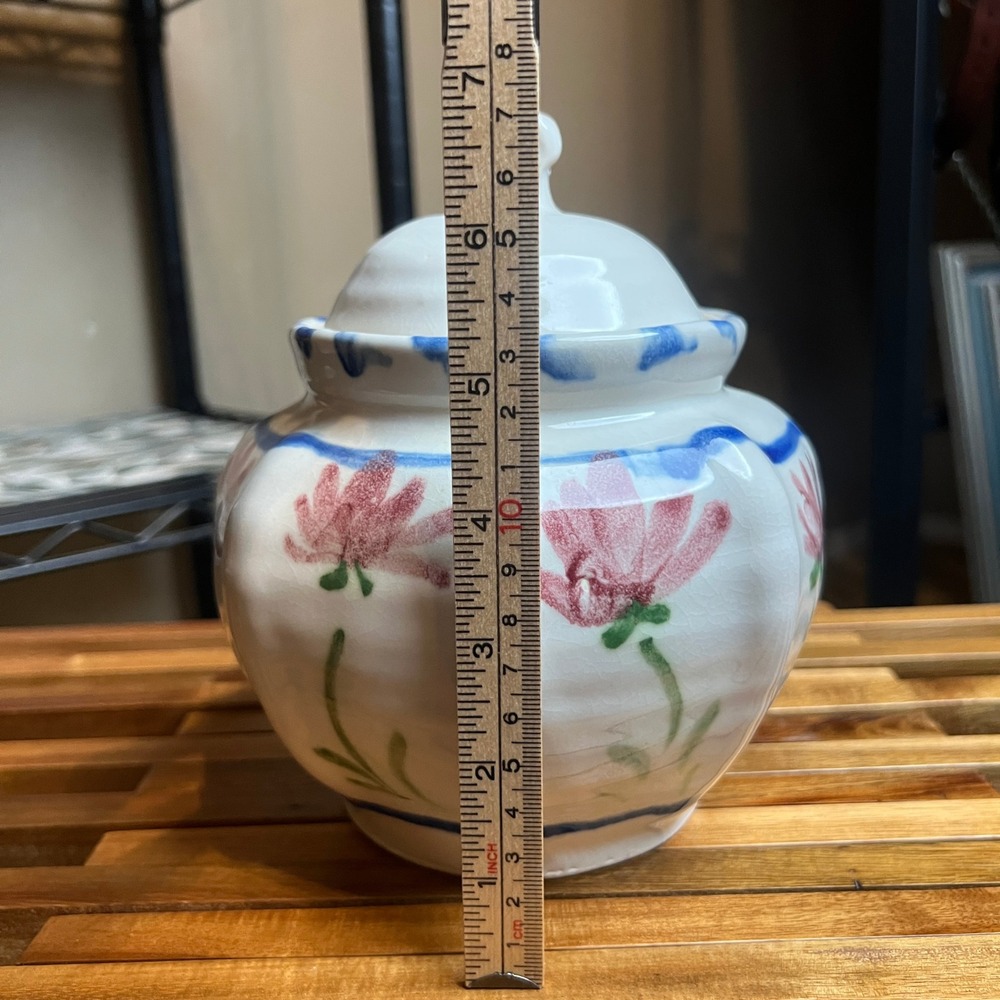 Vintage Signed Studio Pottery Lidded Jar Hand Painted Floral Folk Art 1992 - Picture 7 of 8